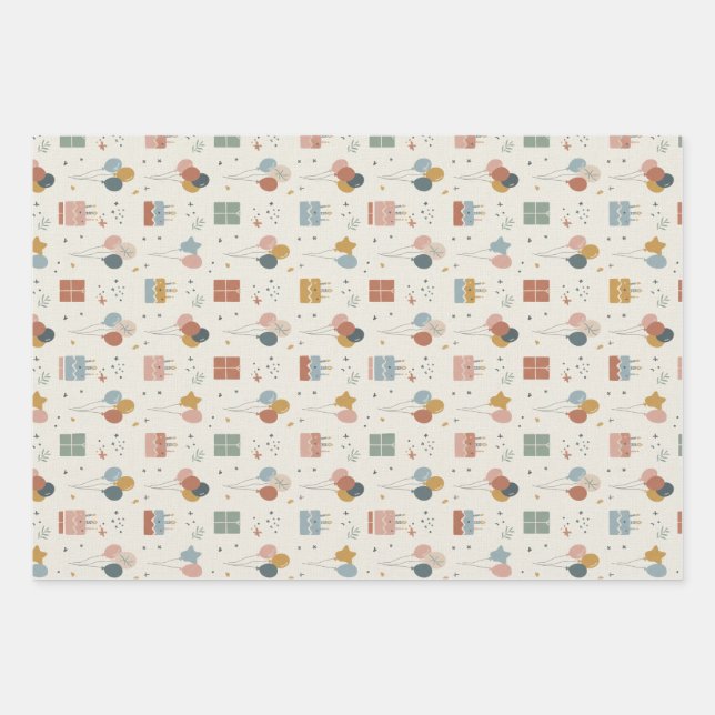 Pastel Cakes, Balloons & Confetti Scandi Geschenkpapier Set (Vorderseite)