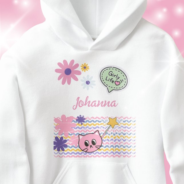 Pastel Cartoon Fleurs de Chat Fille Vie (Pastel Cartoon Cat Flowers Girly Life Hoodie ©Susanne Sachers - Sunny Wanderlust 🌞✈️)