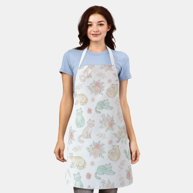 Pastel Cat and Rose Floral Pattern White Kitchen  Schürze (Getragen)