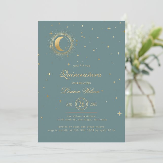 Pastel Celestial Gold Moon Stars Quinceanera Einladung (Stehend Vorderseite)