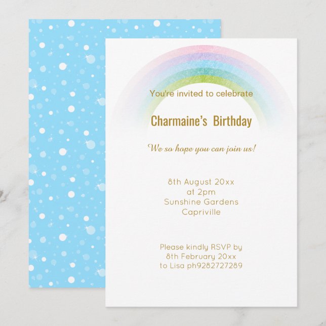 PASTEL CHALKBOARD RAINBOW BLAU GANZ ANFANG EINLADUNG (Vorne/Hinten)