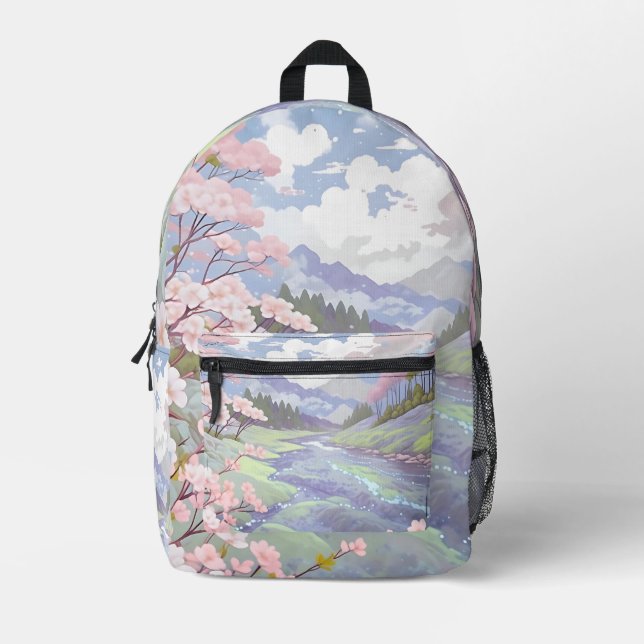 Pastel Cherry Blüten Aquarelldrucktasche Bedruckter Rucksack (Vorderseite)