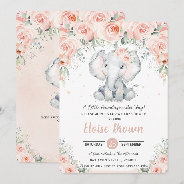 Pastel Chic Blush Floral Elephant Baby Dusche Einladung (Vorne/Hinten)