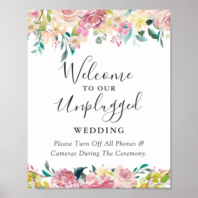 Pastel Chic Floral Unplugged Wedding Ceremony Sign Poster (Vorne)