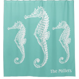 Pastel Chic Seepferd Familie Aquamarin Green Duschvorhang