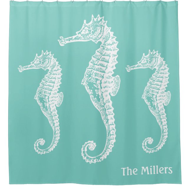 Pastel Chic Seepferd Familie Aquamarin Green Duschvorhang (Vorderseite)