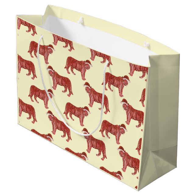Pastel Christmas Safari Tiere Pink Tiger Wrappin Große Geschenktüte (Rückseite Schrägansicht)