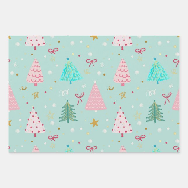 Pastel Christmas Tree Wrapping Paper Geschenkpapier Set (Vorderseite)