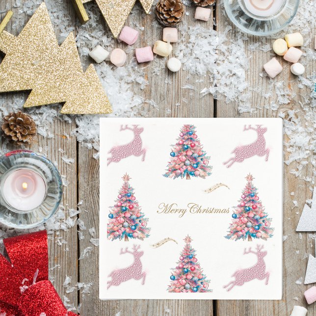 Pastel Christmas Trees and Reindeer Christmas Serviette (Pastel Christmas Trees and Reindeer Christmas Paper Napkins by the Olde Christmas Shoppe)
