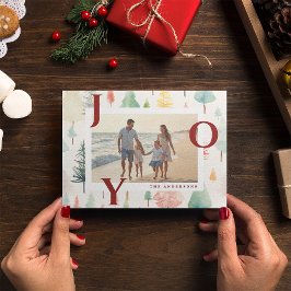 Pastel Christmas Trees Red Joy Photo Holiday Card Feiertagskarte