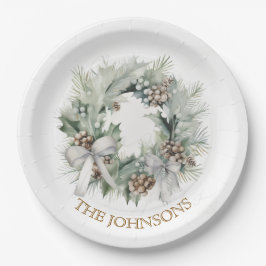 Pastel Christmas Wreath & Custom Name Paper Plates Pappteller