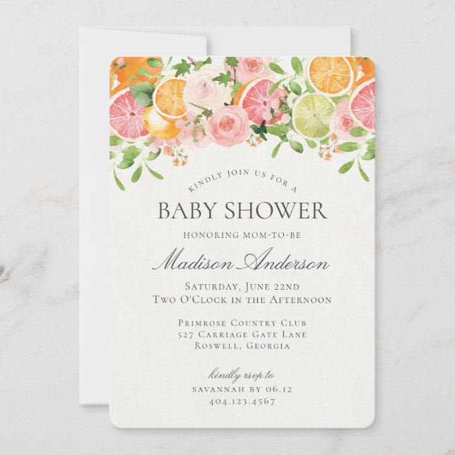 Pastel Citrus Floral Kleine Süsse Kinderdusche Einladung (Vorderseite)