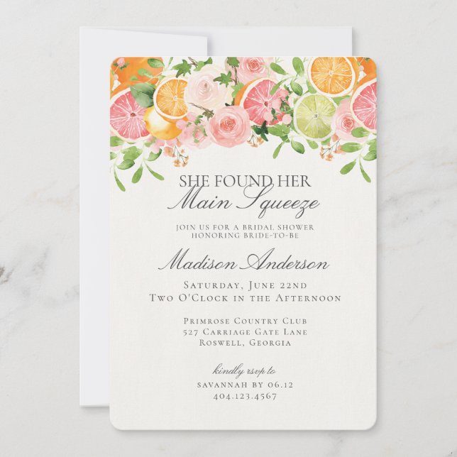 Pastel Citrus Floral Main Squeeze Brautparty Einladung (Vorderseite)