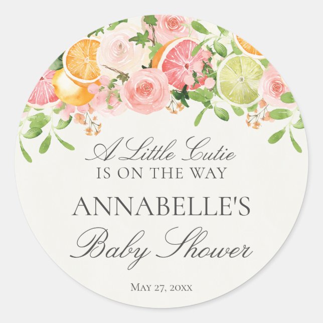 Pastel Citrus Floral Süsse Baby Dusche Gefallen Runder Aufkleber (Vorderseite)