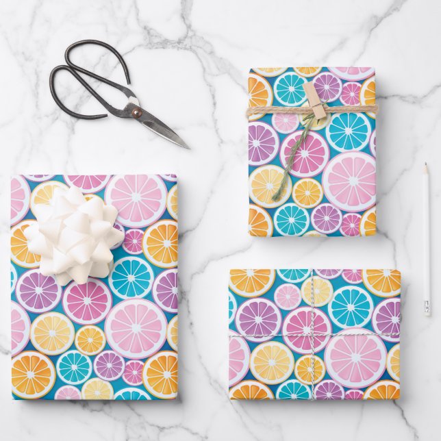 Pastel Citrus Fruchtmuster Geschenkpapier Set (Vorderseite)