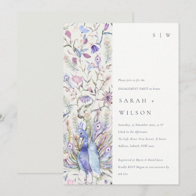 Pastel Classy Verziert Watercolor Peacock Verlobun Einladung (Vorne/Hinten)