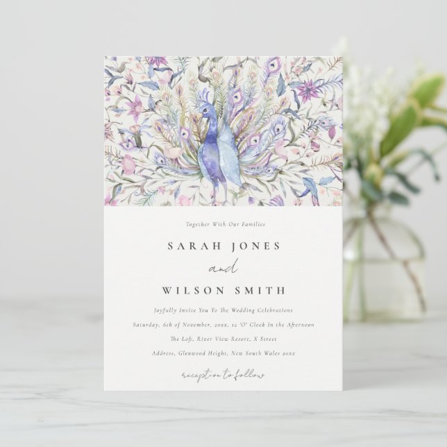 Pastel Classy Verziert Watercolor Peacock Wedding Einladung (Stehend Vorderseite)