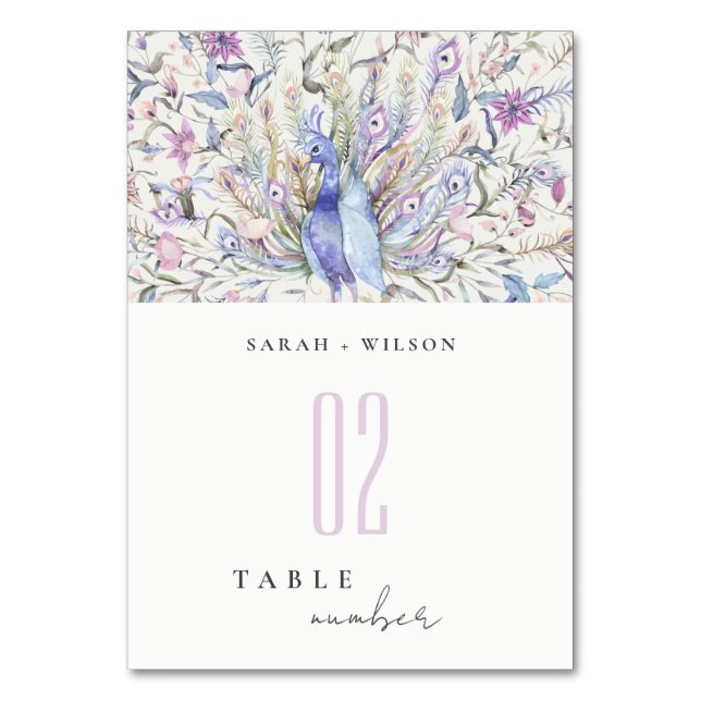 Pastel Classy Watercolor Floral Peacock Hochzeit Tischnummer (Vorderseite)