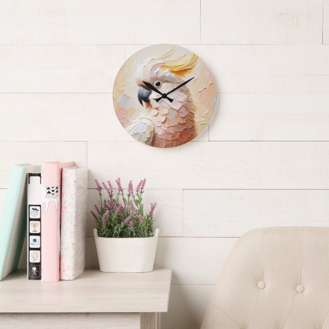 Pastel Cockatoo Wall Clock – Soft Impasto Bird Art Große Wanduhr (Lesesaal)