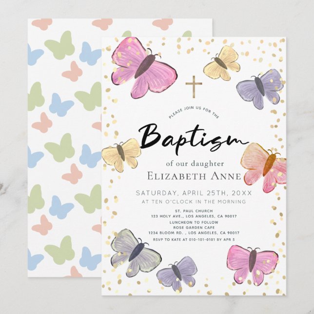 Pastel Color Butterfly Girl Baptisse Einladung (Vorne/Hinten)