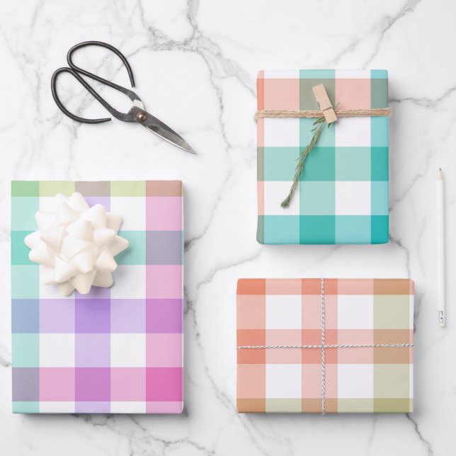 Pastel Color Gingham Karo Kariert Geschenkpapier Set (Vorderseite)