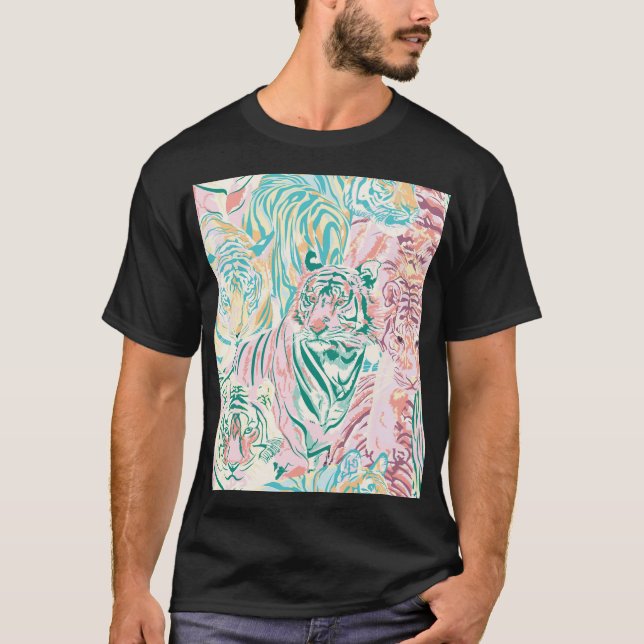 Pastel Color Tiger Art Muster T-Shirt (Vorderseite)
