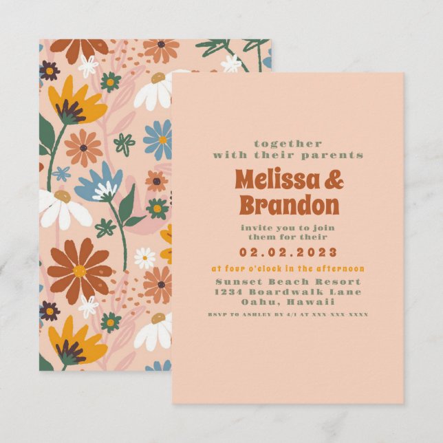 Pastel Colorful 70er Wedding Einladung (Vorne/Hinten)