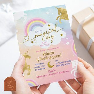 Pastel Colorful Gold Magical Unicorn Einladung