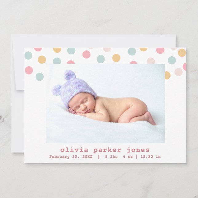Pastel Confetti Dots Foto Collage Girl Geburt Ankündigung (Vorderseite)