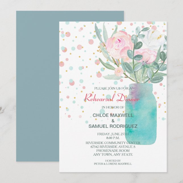 Pastel Confetti Mason Jar Wedding Probe Dinner Einladung (Vorne/Hinten)