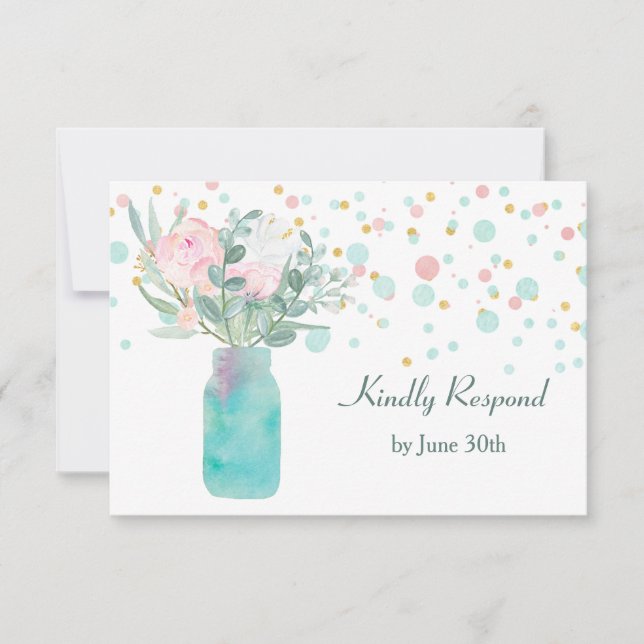 Pastel Confetti Mason Jar Wedding RSVP Karte (Vorderseite)