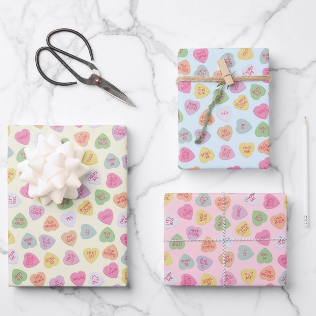Pastel Conversation Candy Hearts Gift Wrap Geschenkpapier Set (Vorderseite)