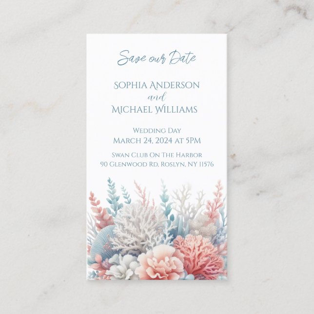 Pastel Coral-Beach Hochzeit-Save the Date- Visitenkarte (Vorderseite)