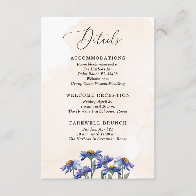 Pastel Coral & Lila Daisis Hochzeitdetails Begleitkarte (Vorderseite)