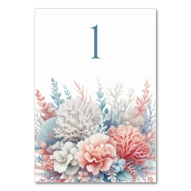 Pastel Coral Reef Beach Hochzeitskarte Tischnummer (Vorderseite)