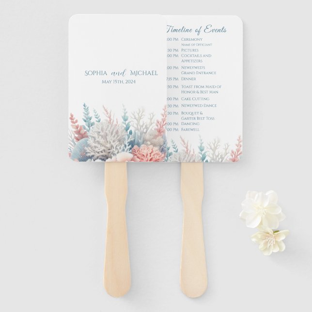 Pastel Coral Reef Beach Hochzeitsprogramm Fächer (Vorne und Hinten)