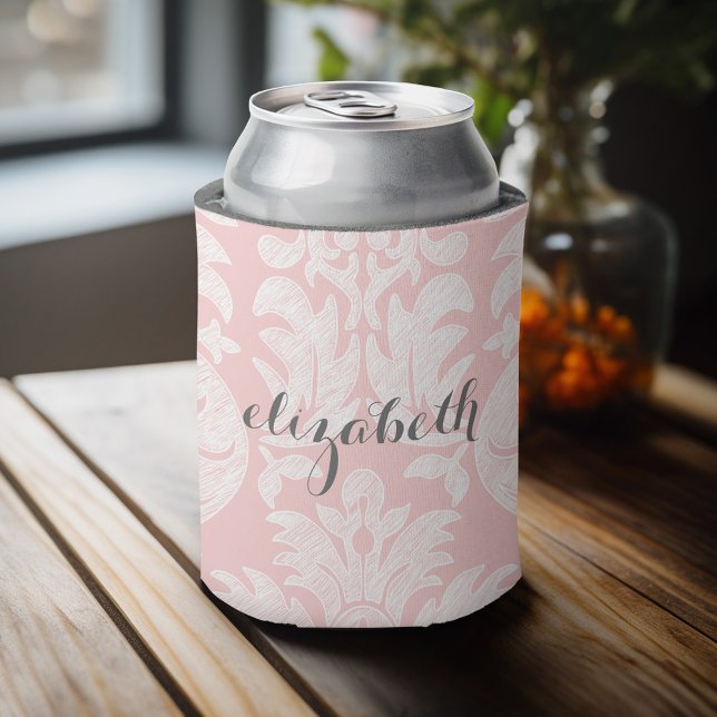 Pastel Coral und Gray Damask Muster für Frauen Dosenkühler (Personalized can cooler with custom text)