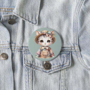 Pastel-Cotattecore-Katze in Overalls & Strohhut Button