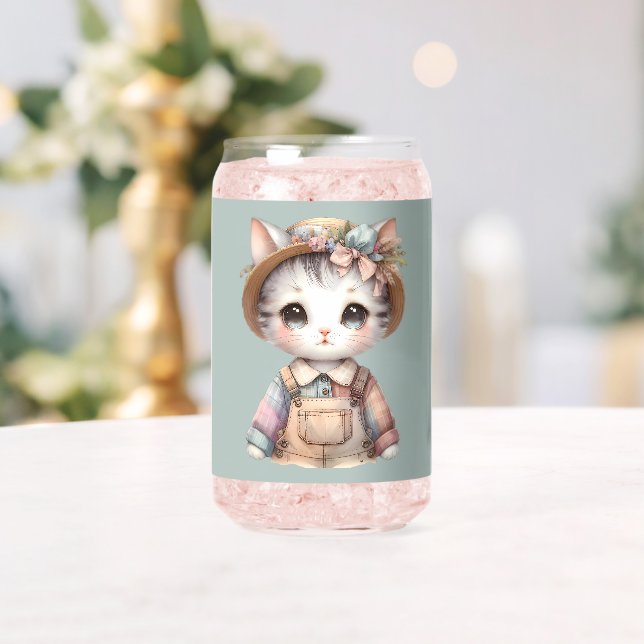 Pastel-Cotattecore-Katze in Overalls & Strohhut Dosenglas (Insitu (Hochzeit))