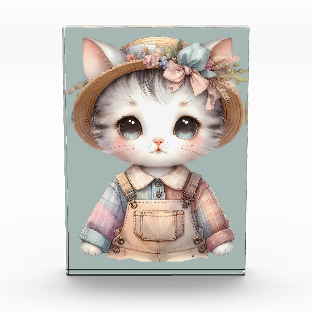 Pastel-Cotattecore-Katze in Overalls & Strohhut Fotoblock (Vorderseite)