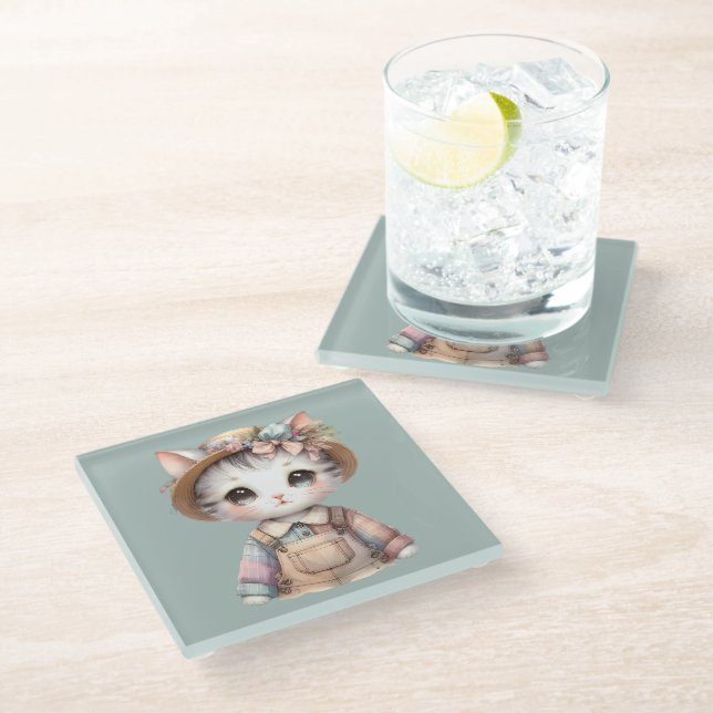 Pastel-Cotattecore-Katze in Overalls & Strohhut Glasuntersetzer (Schrägansicht)