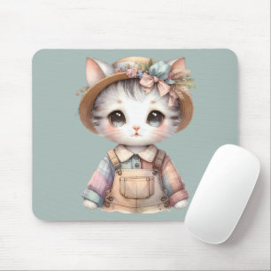 Pastel-Cotattecore-Katze in Overalls & Strohhut Mousepad