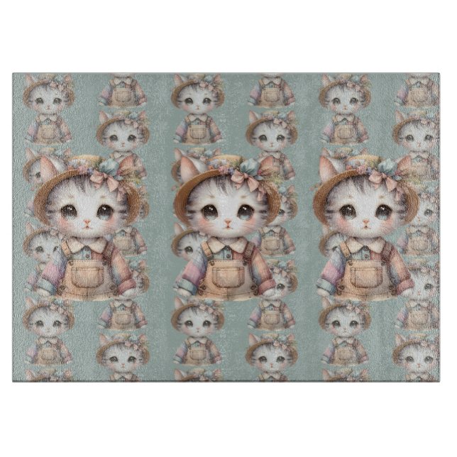 Pastel-Cotattecore-Katze in Overalls & Strohhut Schneidebrett (Vorderseite)