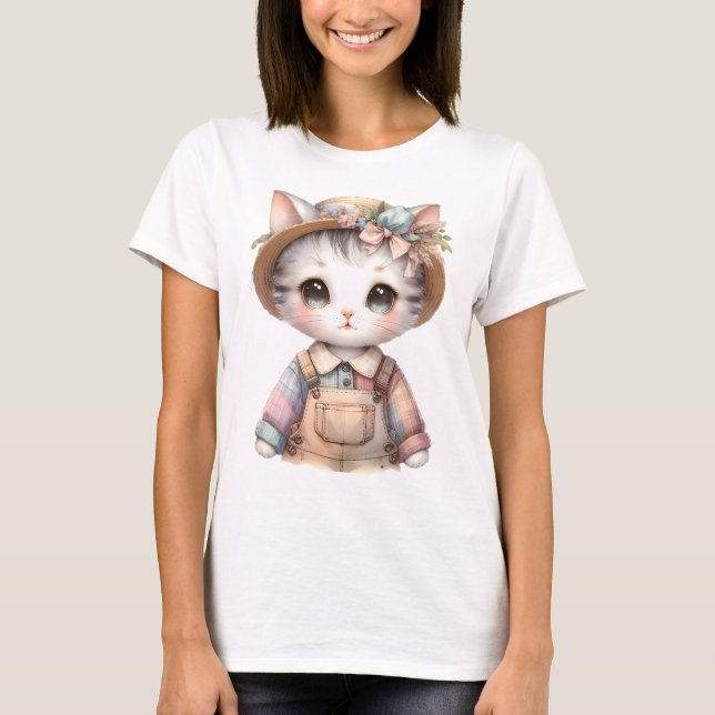 Pastel-Cotattecore-Katze in Overalls & Strohhut T-Shirt (Vorderseite)