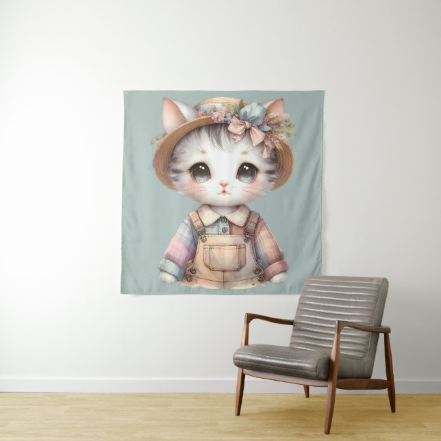 Pastel-Cotattecore-Katze in Overalls & Strohhut Wandteppich (Beispiel)