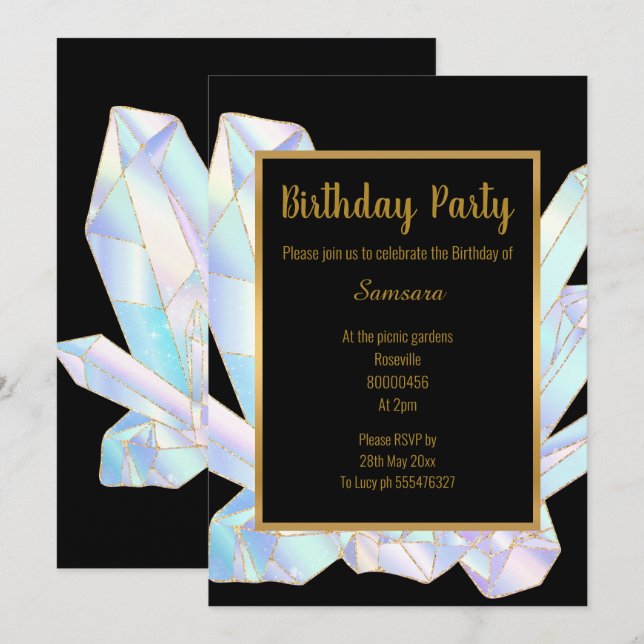 PASTEL CRYSTAL BIRTHDAY PARTY BLACK GOLD EINLADUNG (Vorne/Hinten)
