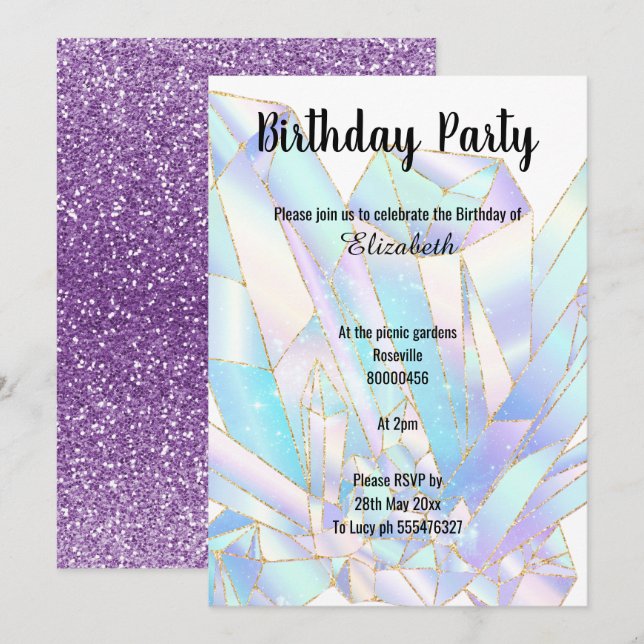 PASTEL CRYSTAL GLITZER GEBURTSTAGLICHE EINLADUNG (Vorne/Hinten)