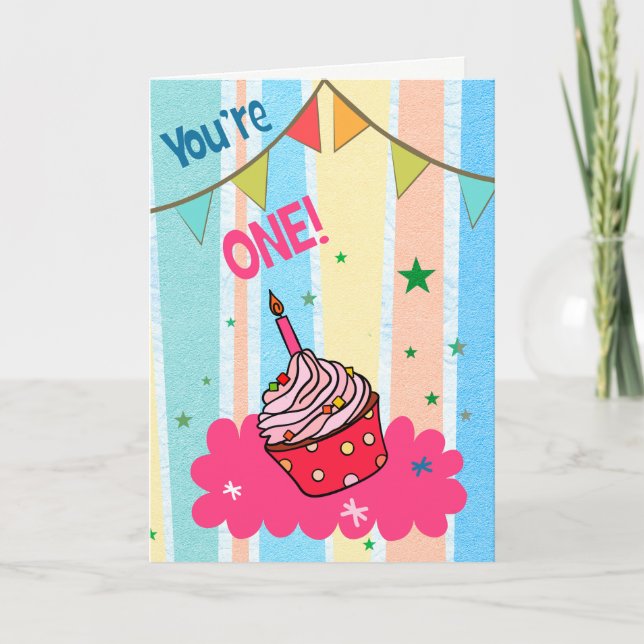 Pastel Cupcake Carte de voeux pour le premier anni (Devant)