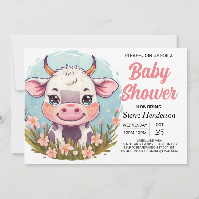 Pastel Custom Farmyard Cow Baby Dusche Einladung (Vorderseite)