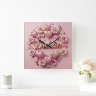 Pastel Dahlia Bloom Art with Hearts Quadratische Wanduhr